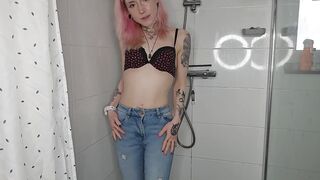 pink haired girl pisses her jeans and panties