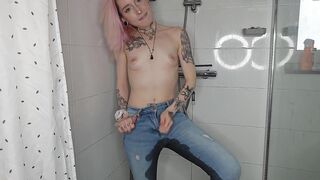 pink haired girl pisses her jeans and panties